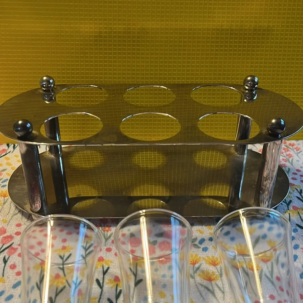 Mid-Century Modern Bar Caddy with 6 Cordial‎ Glasses